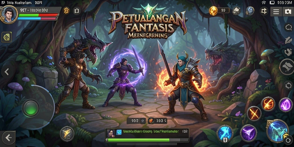 Screenshot gameplay RPG 9ET menampilkan karakter dalam pertempuran epik.