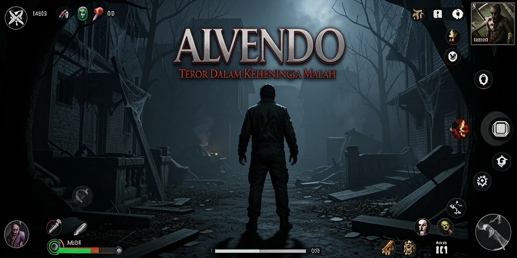 Tangkapan layar dari gameplay ALVENDO menunjukkan suasana menyeramkan dan mencekam.