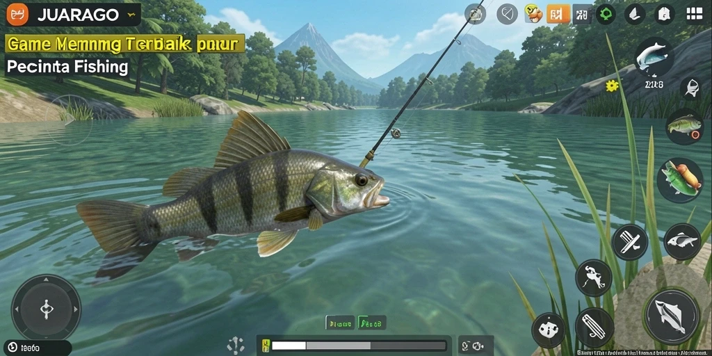 Screenshot gameplay JUARAGO menunjukkan aksi seru memancing di lokasi yang indah.