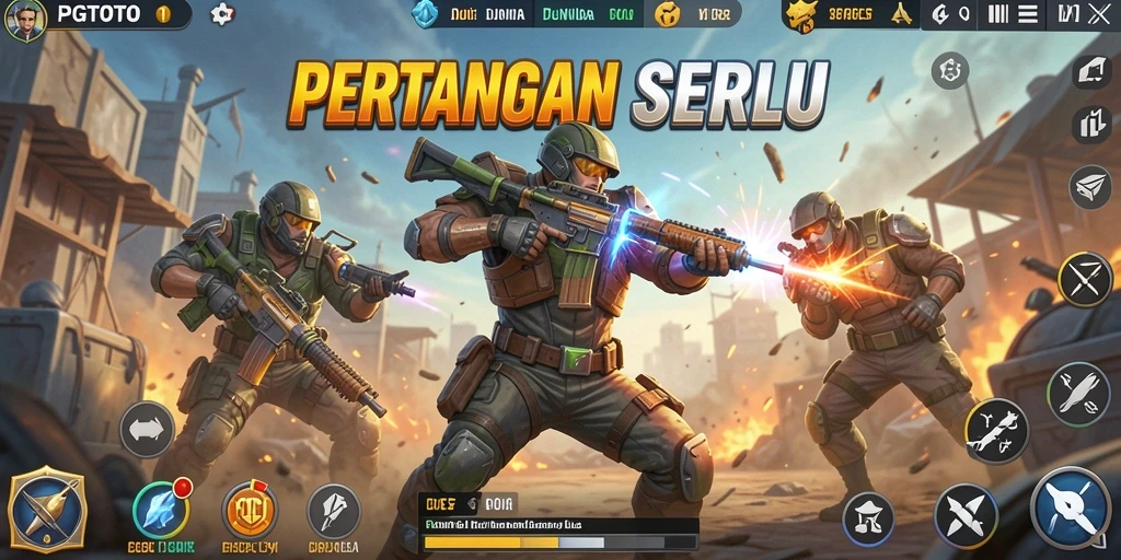 Tangkapan layar utama PGTOTO menunjukkan aksi intens di medan perang Battle Royale.