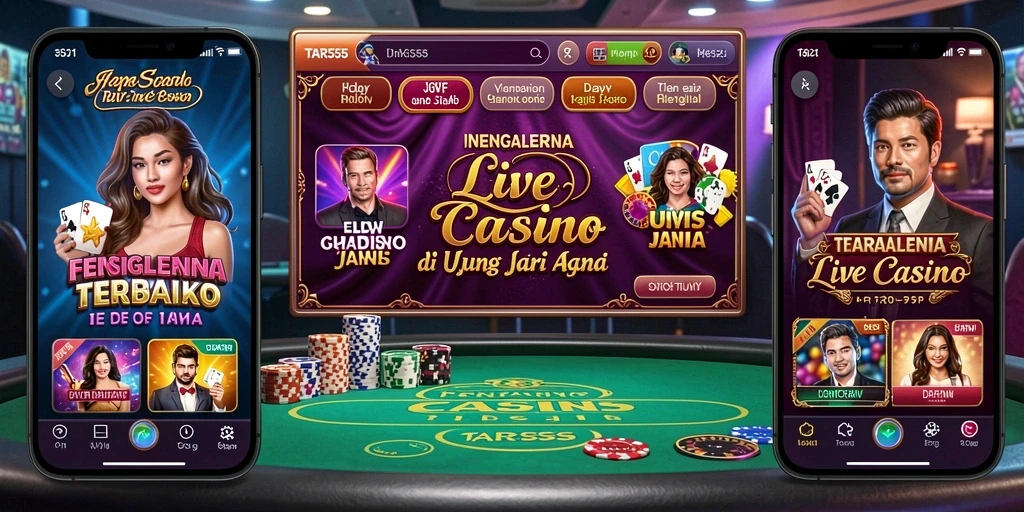 Screenshot TAR555 menampilkan dealer langsung dengan meja permainan kasino.
